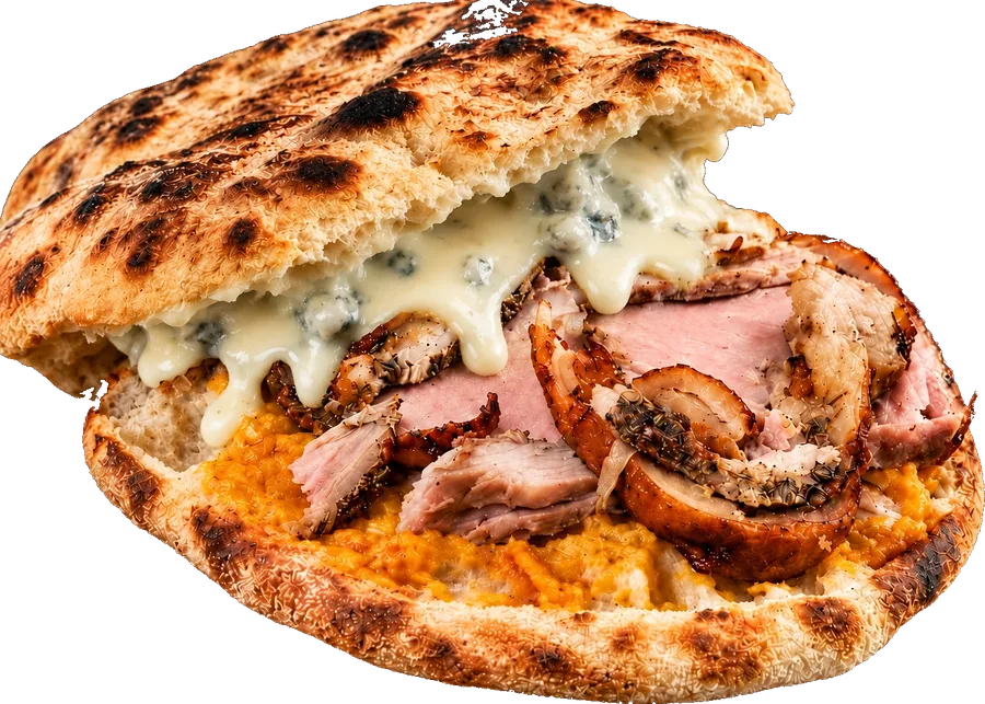 Il Norcino: porchetta, crema di zucca e fonduta di gorgonzola che cola fra due fette di pane caldo