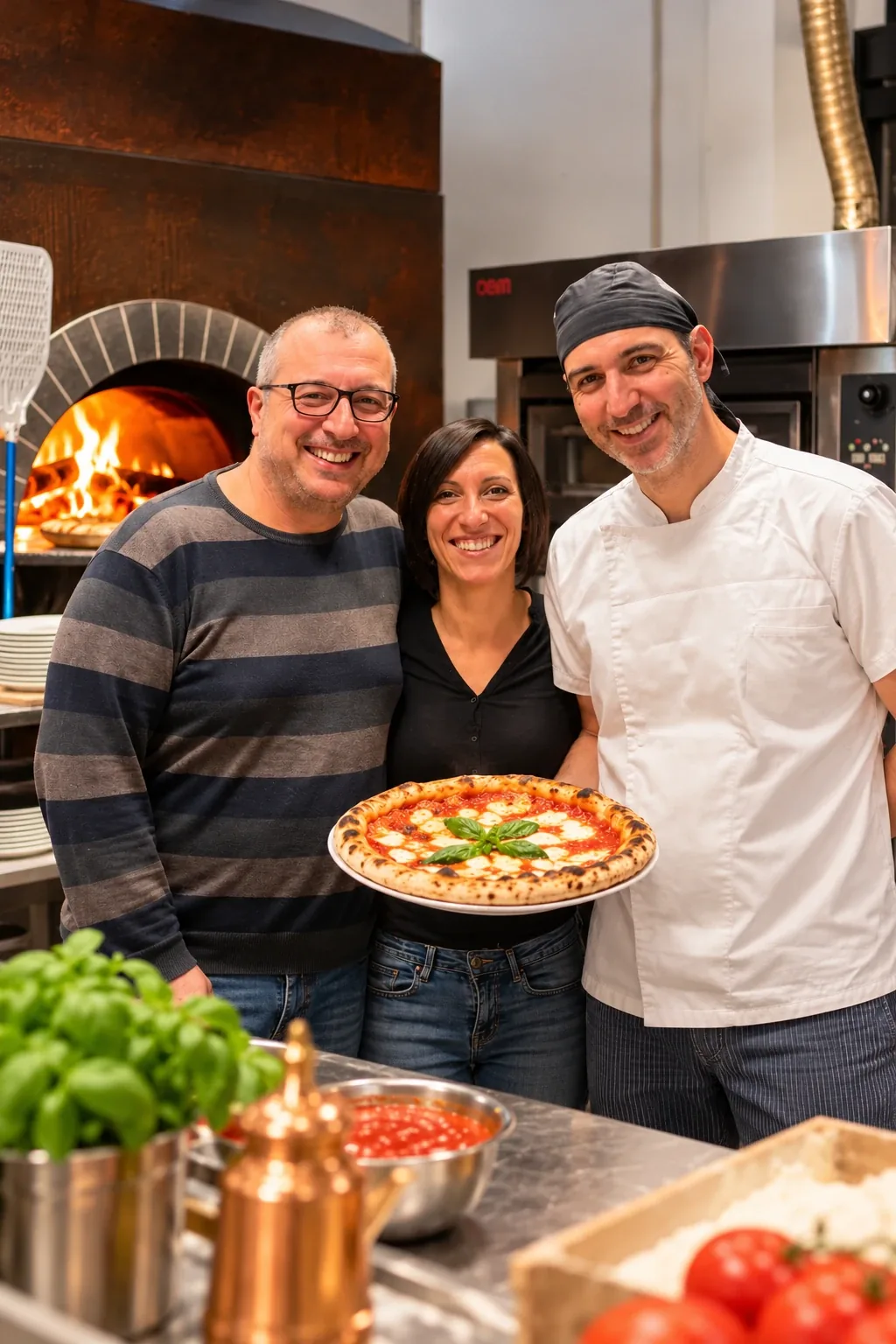 I titolari e il pizzaiolo di LievitiAmo davanti al forno a legna, con una margherita appena sfornata